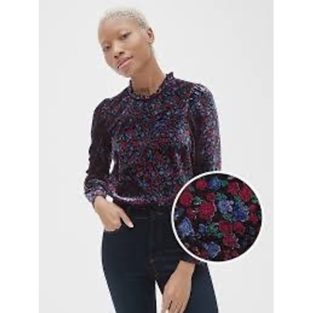 Gap Womens Floral‎ Velvet Puff Sleeve Mock Neck Ruffle Blouse Blue Red Black M